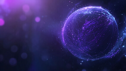 Fototapeta premium Abstract digital globe with purple glowing lines on a dark blue background, global network and connectivity concept