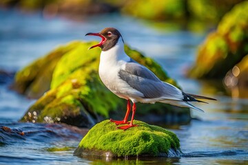 Fototapeta premium Long Exposure: Yawning Black-headed Gull on Coastal Rock with Algae