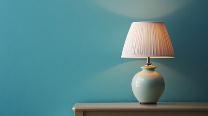 Lamp with elegant lampshade on table against serene blue wall background
