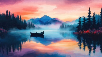 Majestic Lake Surrounded by Mountains and Forest at Sunset with Colorful Reflections and Mist in the Air
