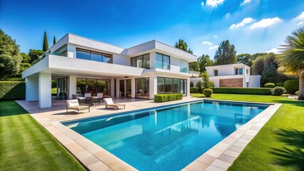 Fototapeta premium Luxurious White House with Pool and Patio: Summer Vacation Dream Home Stock Photo