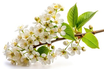 Fototapeta premium Macro Bird Cherry Branch, Prunus Padus, Isolated White Background - Stock Photo