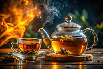 Macro Photography: Transparent Glass Teapot & Cup, Home Tea Ceremony, Healthy Drink