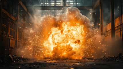 Intense Industrial Explosion With Fiery Sparks and Smoke