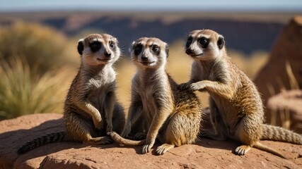 Three meerkats sitting on a rock in a desert landscape with distant mountains and grasslands