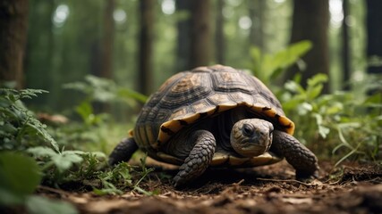 Fototapeta premium A tortoise slowly traversing a lush forest floor, surrounded by vibrant greenery and dappled sunlight