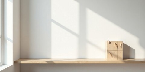Sunlight illuminates a minimalist wooden shelf with a beige cube containing small drawers