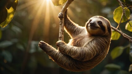 Fototapeta premium A sloth hanging from a tree branch, basking in the warm sunlight of a lush jungle environment