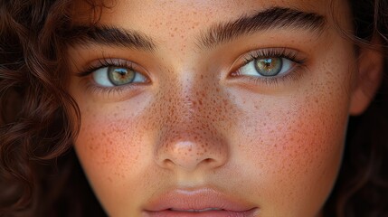 Fototapeta premium Freckled woman's face, sun-kissed skin, close-up, outdoors, summer