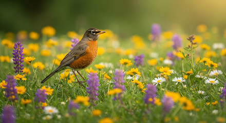 An american robin is singing, flying, cleaning, playing with fledging with blurred forest background