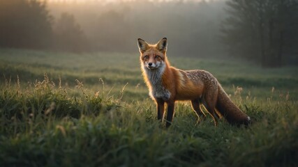 A majestic fox stands gracefully in a misty meadow at sunrise, surrounded by lush greenery