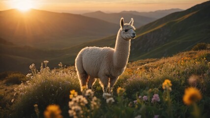 Naklejka premium A serene llama standing amidst vibrant wildflowers at sunset in a picturesque valley