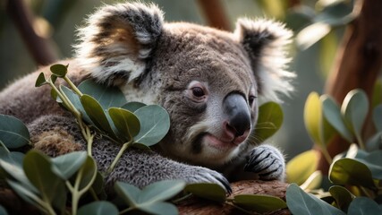 Obraz premium A serene koala resting among lush eucalyptus leaves in a tranquil Australian forest setting