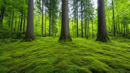Fototapeta premium Serene ancient grove of towering majestic giant sequoia trees with a lush moss covered forest floor in a tranquil primeval landscape These natural giants create a peaceful