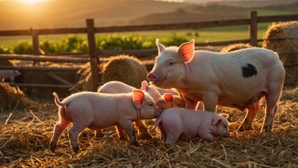 A mother pig and her playful piglets in a sunlit farmyard with hay bales in the background
