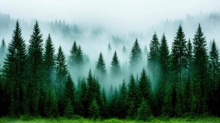 Obraz premium Colossal cedar trees reaching up to the sky forming a natural cathedral like structure in a fog shrouded mystical forest landscape An awe inspiring serene and transcendent scene of towering