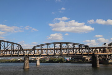 High level view of the city skyline from the river in downtown Pittsburgh, Pennsylvania during the day time. 