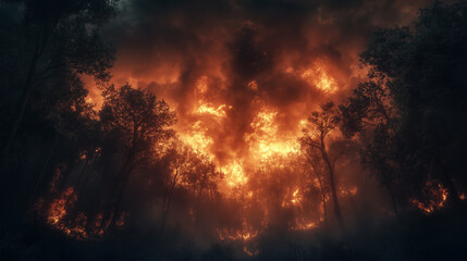 Naklejka premium Fiery Forest Inferno at Night