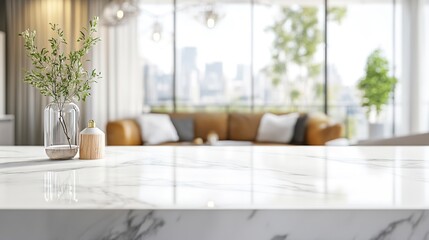 Sleek marble counter displaying product in modern living room setting with blurred background