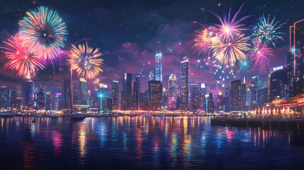 Dazzling fireworks over vibrant city harbor at night. Electric Harbor. Illustration