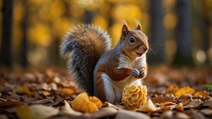 Obraz premium Squirrel foraging in a vibrant autumn forest surrounded by colorful leaves and mushrooms