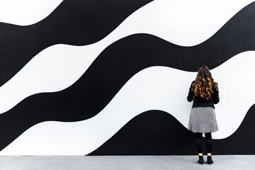 A person looking at an optical illusion on a wall, tilting their head back and forth as they try to make sense of the image