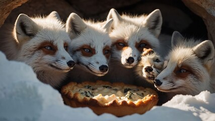 Obraz premium Five foxes gathered around a freshly baked pie in a snowy cave setting, curious and playful