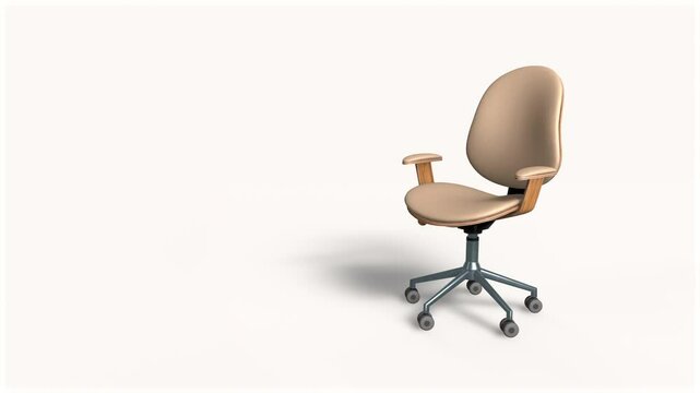 Office chair rolls in and stops, with copy space. 3D render. For work and recruitment concepts.