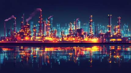 Oil refinery terminal. power energy industry. oil refinery factory with electric lights. gas and oil refinery industrial complex with pipelines. Electric Harbor. Illustration