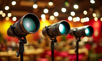 Telephoto lenses displayed at a tech event, blurred background with bokeh