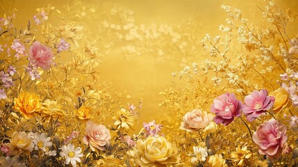 Panoramic View of Luxurious Golden Nature Background with Wide-Angle View Capturing Vibrant Floral Patterns and Golden Garden Spring Flowers in Full Bloom, Set Against a Backdrop of Intricate Lattice