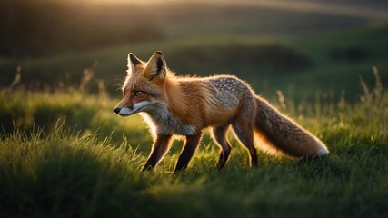 A majestic red fox gracefully walks through a sunlit meadow during golden hour, with hills in the background