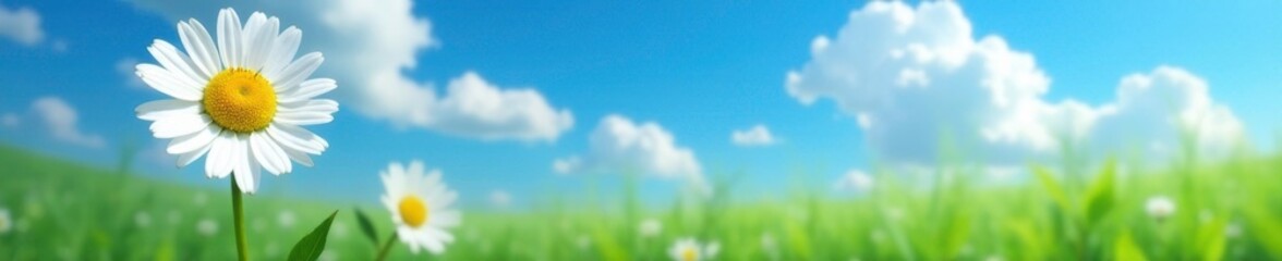 daisy with green background against a blue sky with fluffy white clouds, flower, blue