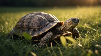 Obraz premium A close-up view of a tortoise slowly moving through lush green grass during golden hour