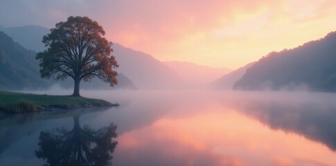 Naklejka premium Misty lake scene with a lone tree and soft colors of early morning light, tree, atmosphere, dawn