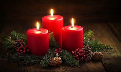 Three red candles with Christmas decoration on wooden table