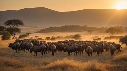 Fototapeta premium Herd of buffalo grazing in golden sunset light on a serene landscape with distant hills