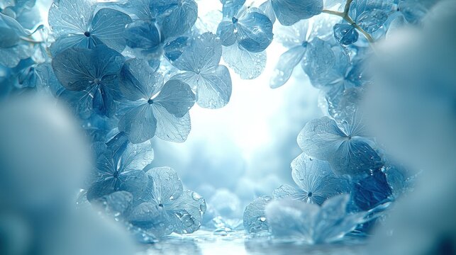 Blue hydrangea frame, garden backdrop, water droplets, serenity