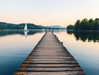Fototapeta premium Serene Wooden Pier Extending Into Calm Lake With Sailing Boat Under Evening Sky