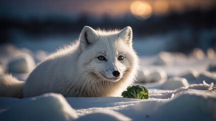 Obraz premium Arctic fox resting on snow with a piece of lettuce, sunset illuminating the chilly landscape