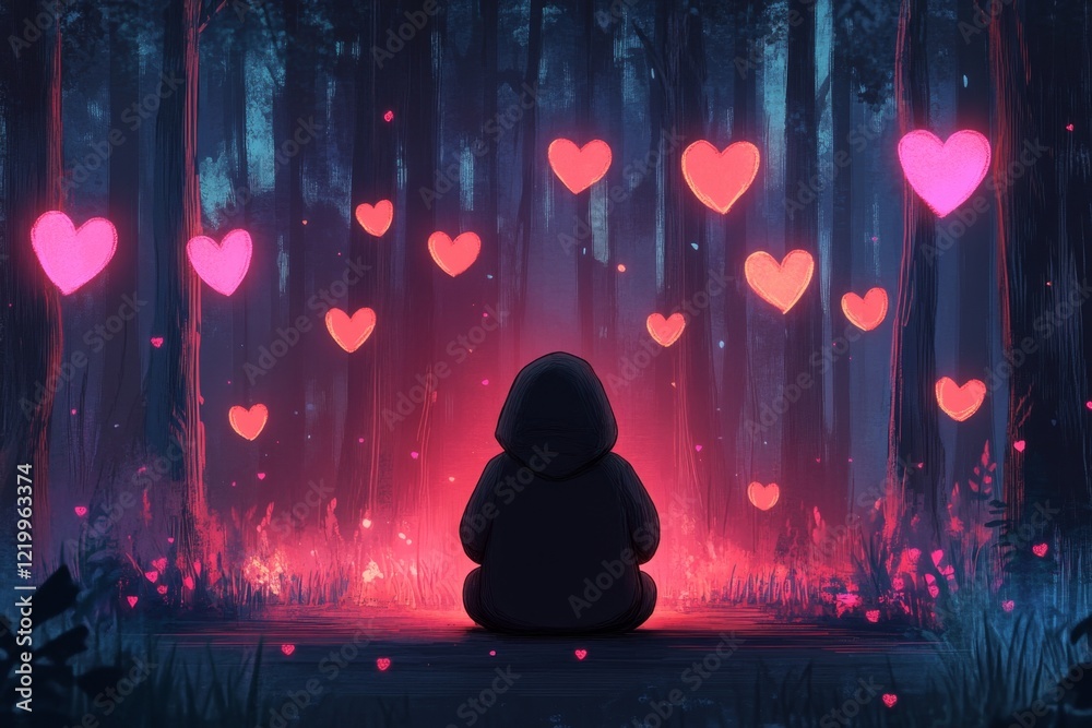 Poster a pixel art depiction of a small character kneeling in a lush pixelated forest, surrounded by glowin