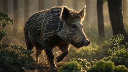 Wild boar running through a sunlit forest, surrounded by lush greenery and soft light