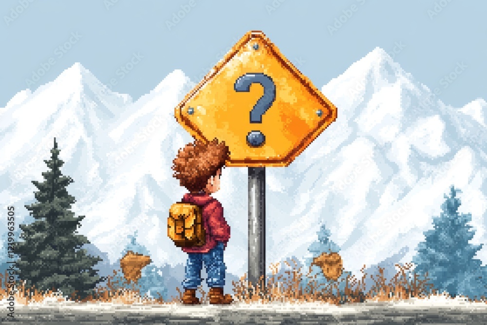 Aufkleber A pixel art depiction of a video game character standing in front of a glitching signpost, tilting their head as NPCs around them display question marks in classic 8-bit style