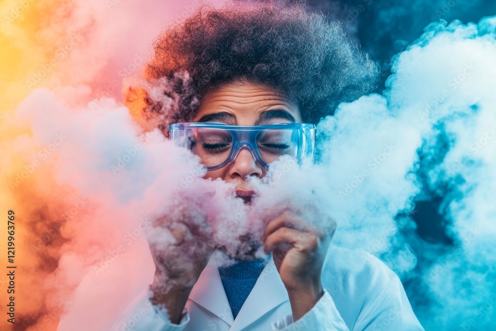 Poster a scientist in a lab coat holding a bubbling test tube, their expression one of confusion as the liq