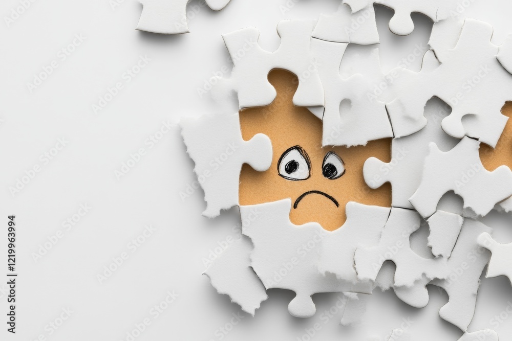 Poster a simple depiction of a puzzle piece that doesnâ€™t fit, with a confused face drawn on the piece its