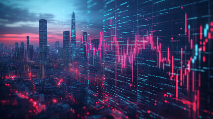 Fototapeta premium Futuristic Cityscape with Glowing Data Streams at Night