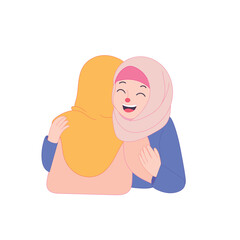 Two Muslim women hugging warmly, symbolizing forgiveness and joy during Eid al-Fitr celebration.