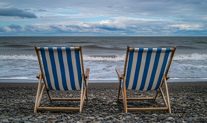 Two empty deckchairs on a pebble beach facing the ocean under a cloudy sky