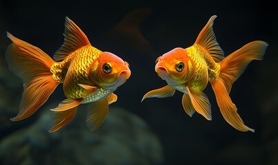 Two goldfish facing each other in dark aquarium