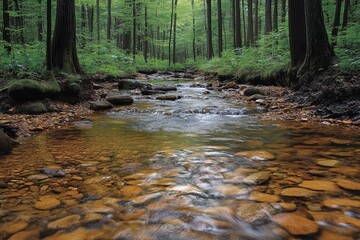 Obraz premium Serene Flowing Stream: A Picturesque Nature Scene of Clear Water Flowing Over Smooth Rocks in a Tranquil Outdoor Setting